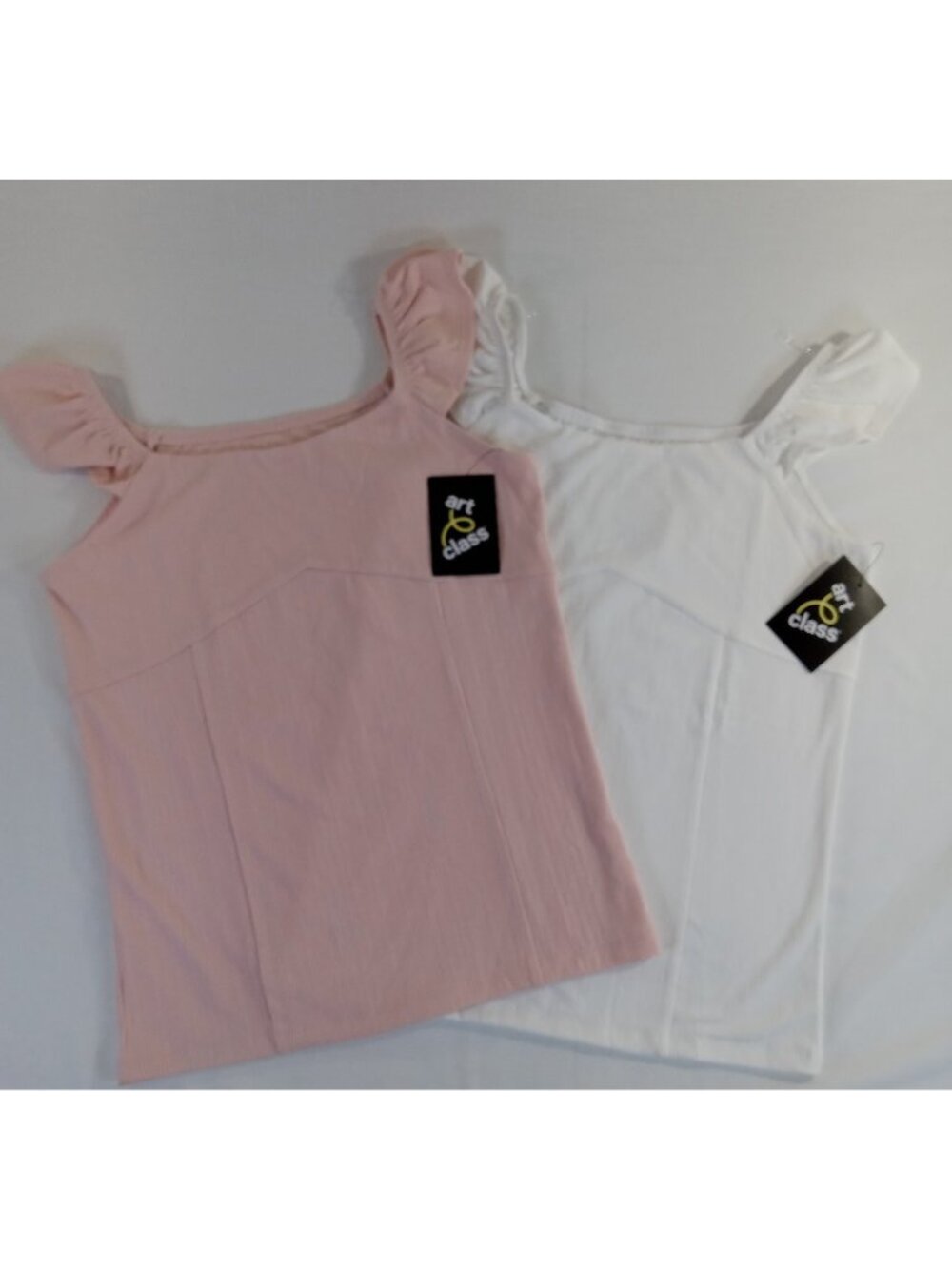 Art Class Girls' Ribbed Ruffle Cap Sleeve Top Square Neck Pink White XXL 16/18
